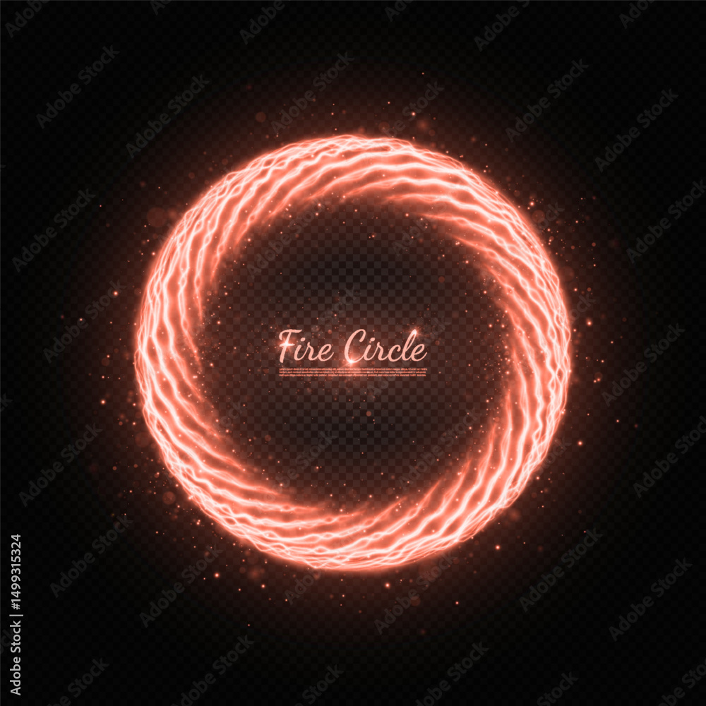 Wall mural red sparkling fire circle with realistic burning effect. round fiery frame on transparent background