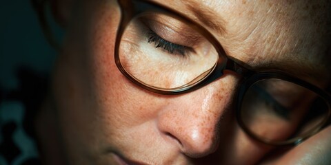 Fototapeta premium Overworked Woman with Glasses Experiencing Eye Strain and Fatigue at Night
