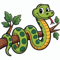 Cartoon Green Snake Wrapped Around Tree Branch