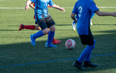 Youth soccer players competing for the ball