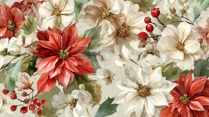 Christmas New Years floral background with bred and white poinsettia flowers holly berries. Template with copy space