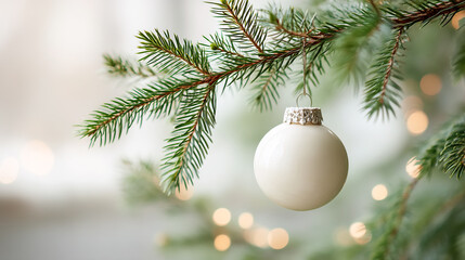 Christmas New Years greeting card banner with white ball hanging on fir tree branch. Garland lights. Template with copy space