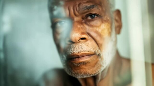 Senior male gazing pensively through window, reflective glass partially obscuring worried expression, conveying emotional isolation and existential vulnerability