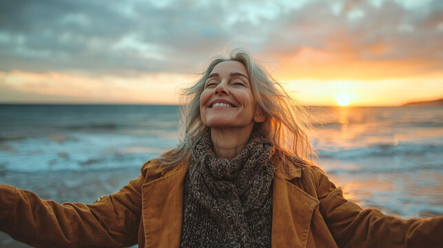 AI generated image of happy mature woman at the beach