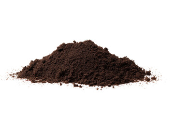 A pile of dark brown soil against a black background in a studio setting with soft lighting effects