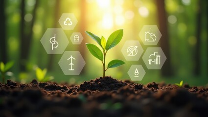 Young sprout emerging from soil with sustainability icons.