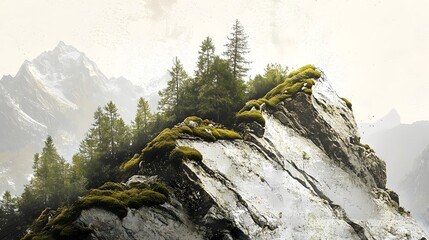 A rocky mountain peak covered in moss and trees with snowy mountains in the background on a cloudy day