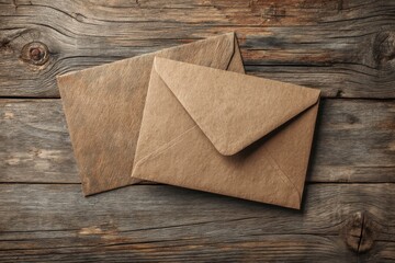 Two brown paper envelopes resting on a rustic wooden surface, creating a vintage and tactile feel for correspondence and communication design projects.