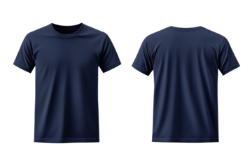 A front and back view of a navy blue crew neck t shirt on a black background in a studio setting