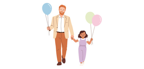 Happy Father and Daughter Walking with Balloons