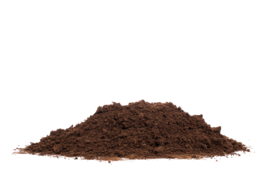 A pile of dark brown soil or dirt is seen against a plain black background in a studio setting here