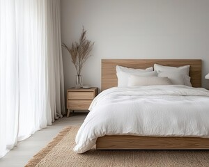 Openplan Muji bedroom with a natural fiber rug, soft flowing curtains, and minimalist wooden furniture
