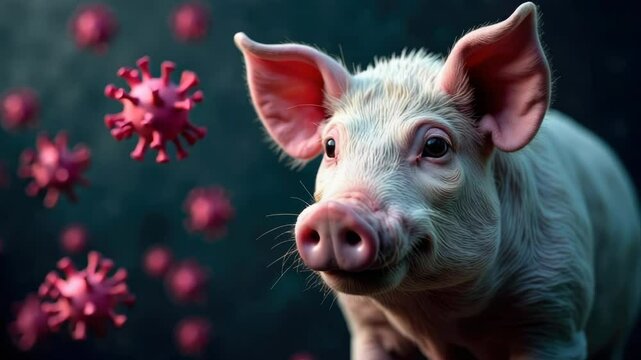 Pig surrounded by virus particles, symbolizing the transmission of zoonotic diseases, viral threats in livestock farming. Swine flu virus. African swine fever virus ASFV
