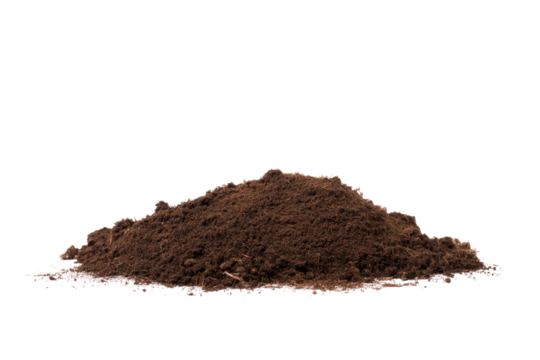 A pile of dark brown soil or dirt is centered on a black background with a slightly uneven surface