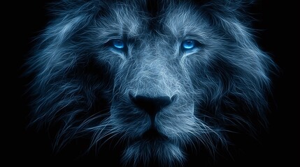 An artistic rendition of a lion's face is highlighted in shades of blue with glowing eyes, contrasted against a dark background, showcasing power and mystique.