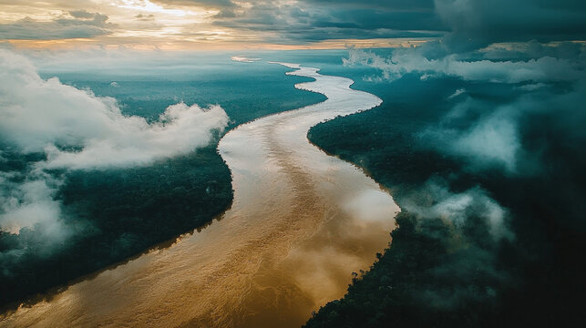 An Aerial View Of The Amazon River Deep Within The Rainforest