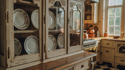 Vintage china cabinet with decorative plates kitchen storage