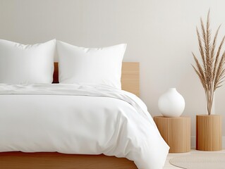 Obraz premium Neutraltoned Muji bedroom with a large window, soft cotton bedding, and elegant wooden decor