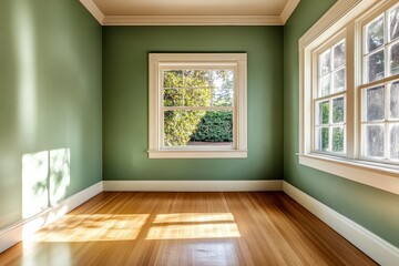 Fototapeta premium a large, empty room with light green walls and a wooden floor, with no furniture