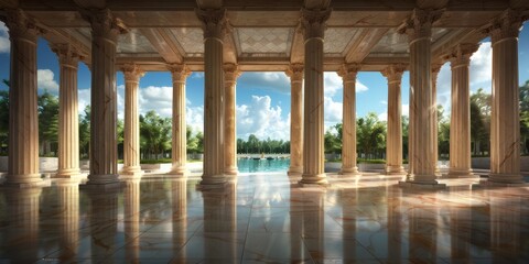 Fototapeta premium Elegant columns roman temple frame a tranquil pool with lush greenery in a serene outdoor setting