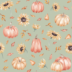 Autumn seamless pattern with sunflowers, pumpkins and falling leaves. Fall, Thanksgiving, design. For home textile, fabric, packaging. Hand drawn with watercolor. Harvest festival, Rustic design