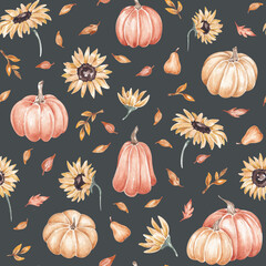 Autumn seamless pattern with sunflowers, pumpkins and falling leaves. Fall, Thanksgiving, design. For home textile, fabric, packaging. Hand drawn with watercolor. Harvest festival, Rustic design