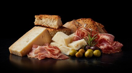 A delicious display of artisanal cheese, crusty bread and flavorful cured meat selection