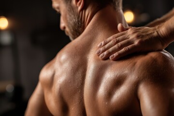 A shirtless man with toned back muscles receiving a therapeutic massage on his shoulders, creating a relaxing and soothing experience after a workout.