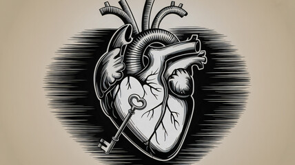Vintage ink illustration of a mechanical heart scratchboard style