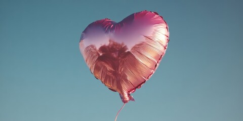 Fototapeta premium Vibrant Pink Metallic Heart Balloon Floating in Clear Blue Sky, Symbolizing Passion