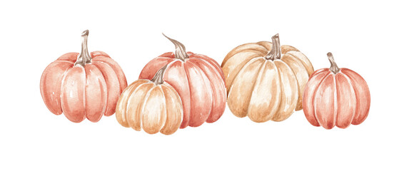 Autumn pumpkins clip art. Yellow, orange pumpkin. Colorful painting. Fall nature plants. Hand drawn with watercolor. Autumn harvest collection. Halloween, Thanksgiving set