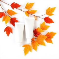 Autumn Skincare  White Tubes of Moisturizer Adorned with Vibrant Fall Leaves