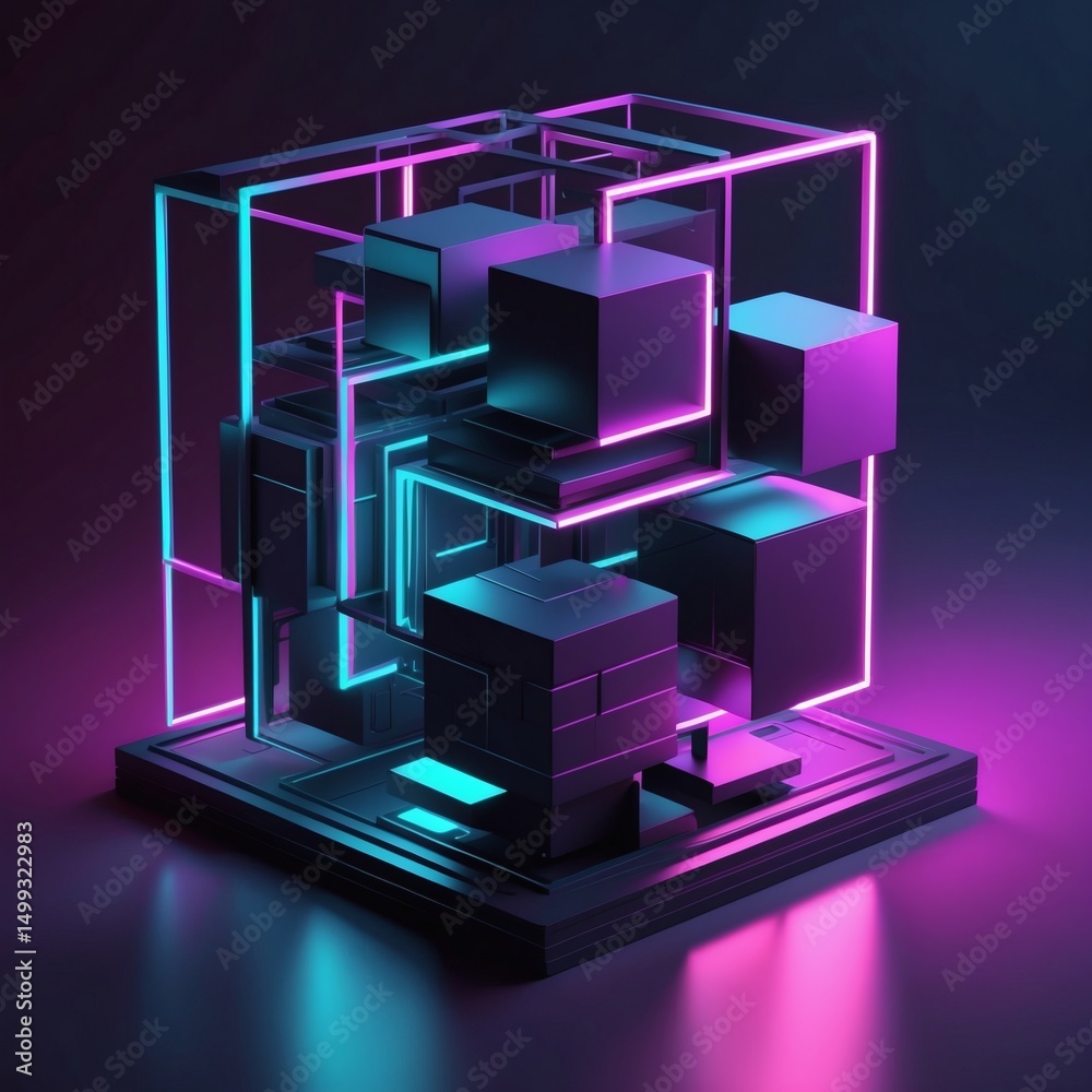 Poster A futuristic 3D abstract structure with glowing neon lines and cubes