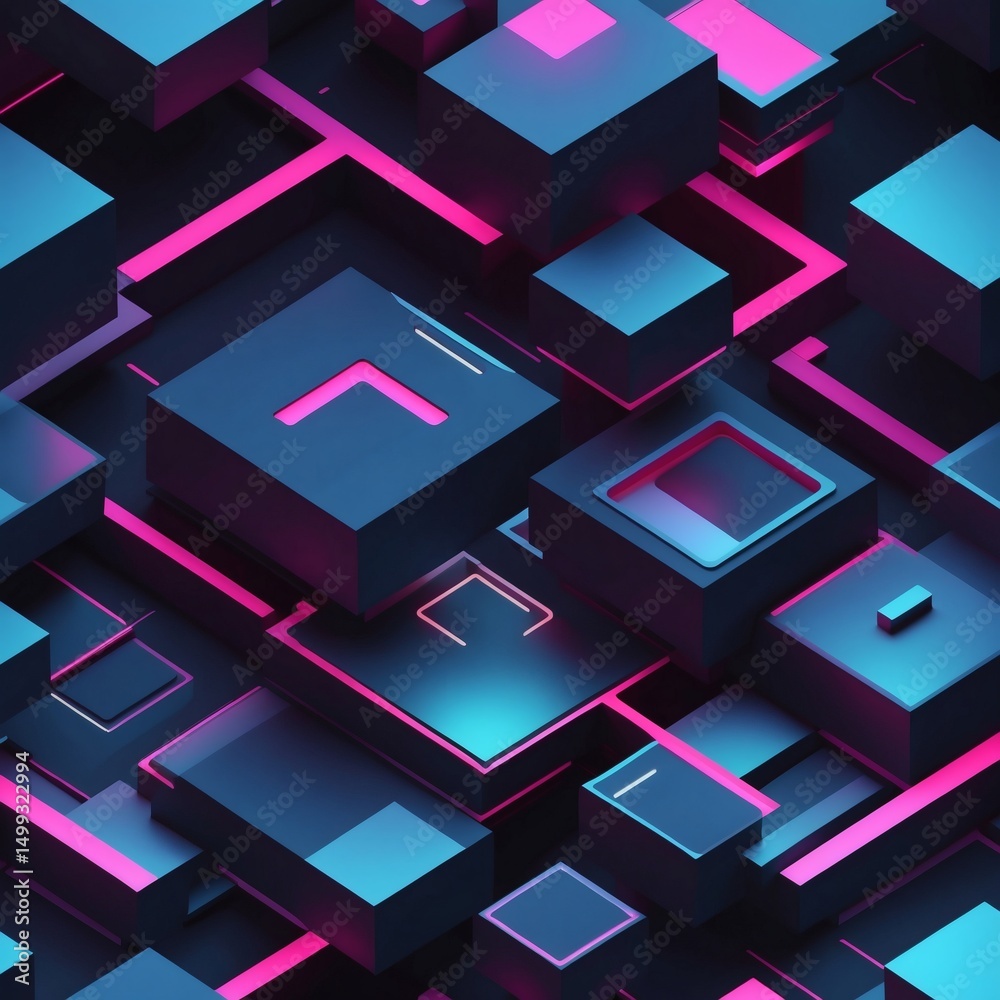 Poster A futuristic digital abstract artwork featuring a complex 3D cube design with pink and blue neon lines and boxes