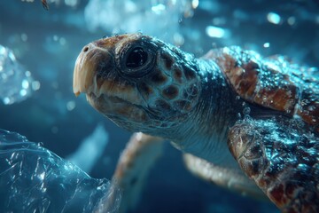 Fototapeta premium A heartbreaking close-up of a sea turtle swimming in ocean water littered with plastic, highlighting the devastating impact of plastic pollution on marine life and conservation efforts.