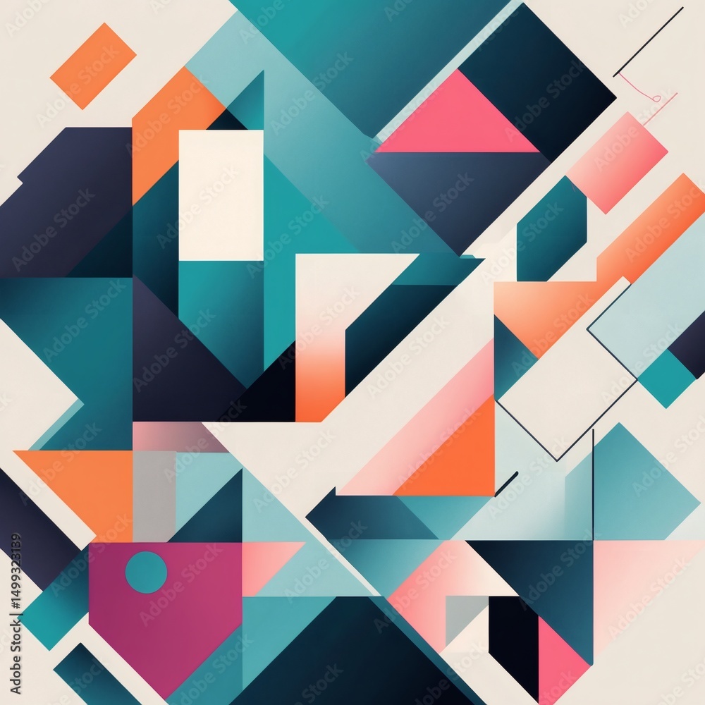 Poster abstract geometric composition with various color and shape. A dynamic visual, offering a modern and artistic aesthetic