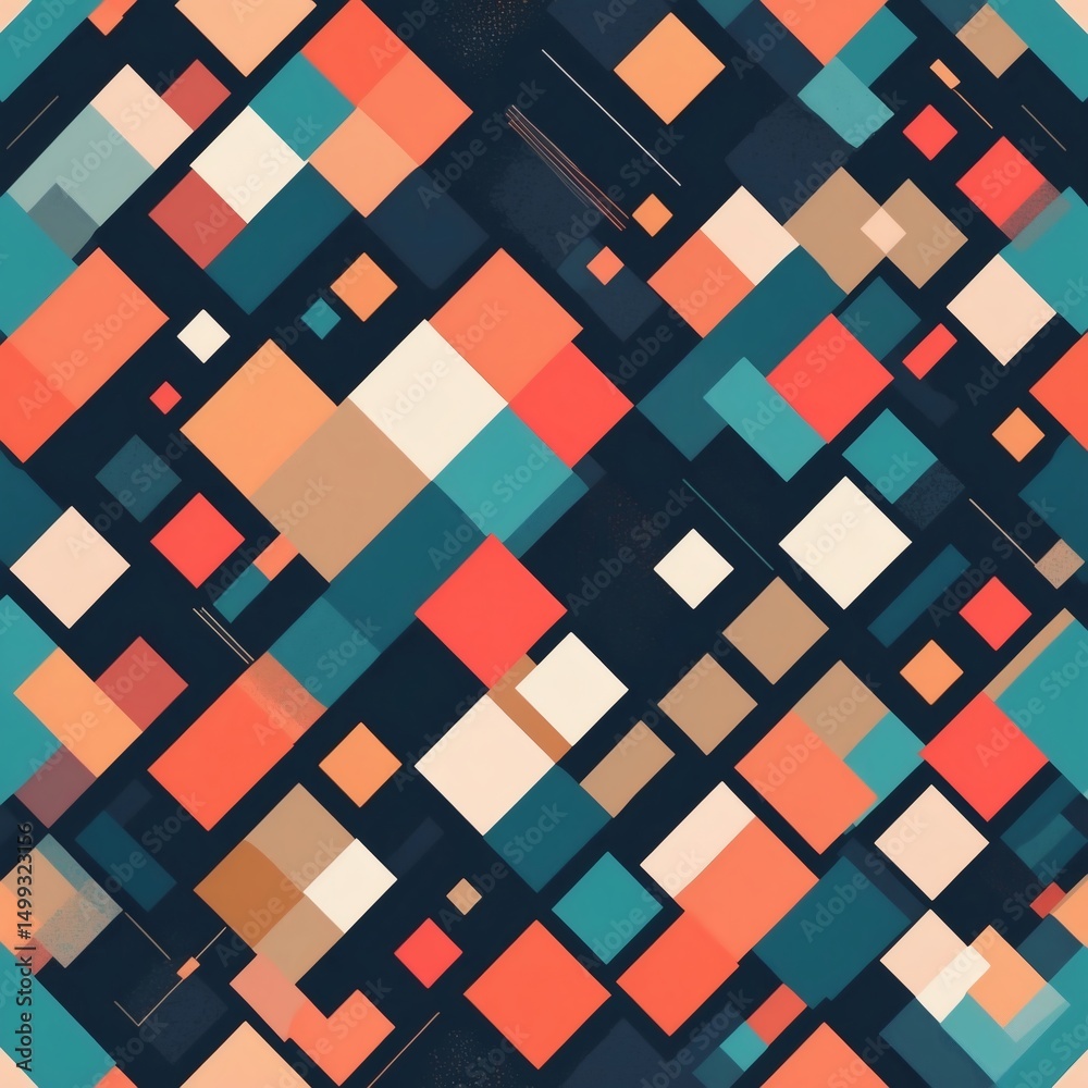Poster Geometric pattern design background. The design is composed of various colorful squares, rectangles, and lines arranged in a dynamic, abstract composition. The shapes vary in size.