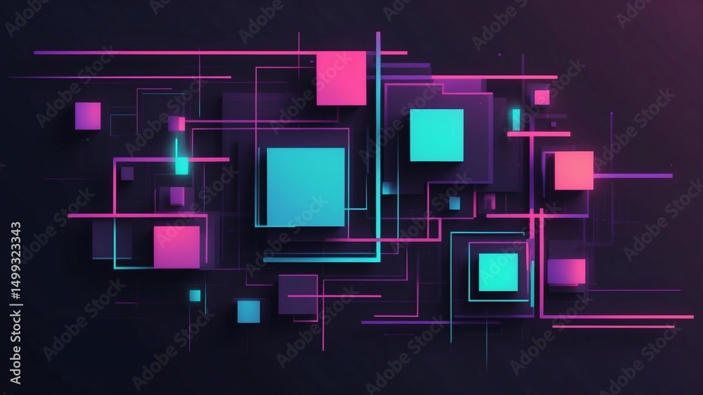 Poster a dynamic network of neon squares, lines, and geometric shapes that represent the digital world