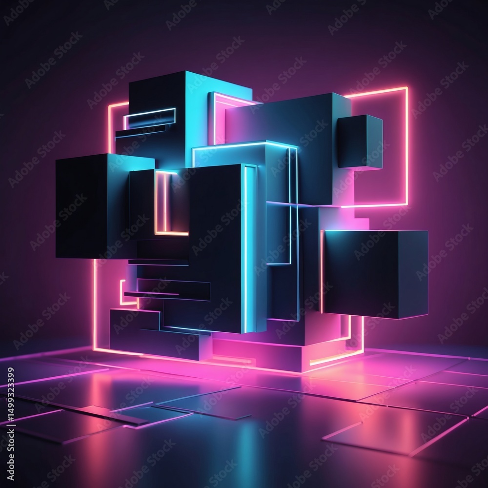 Poster Abstract geometric art in neon light. The image features an array of cubes and square frames in a vibrant display of color and form.
