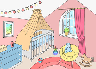 Attic baby room graphic color interior sketch illustration vector