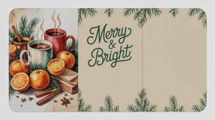 Vintage watercolor Christmas card with oranges and warm drinks