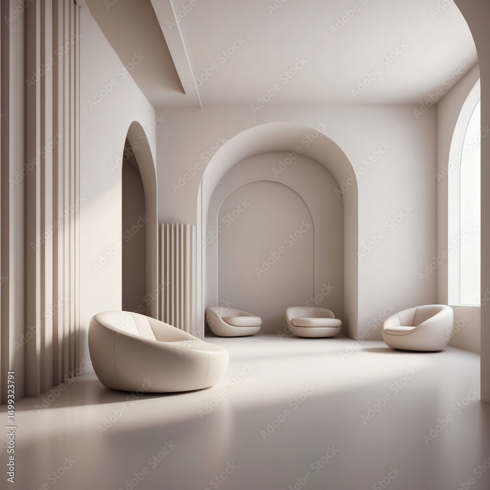 Poster a serene interior with minimalist design, featuring comfortable armchairs and arched doorways that c
