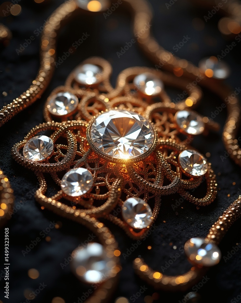 Poster close-up of a stunning golden jewelry with sparkling diamonds on dark surface. the intricate design 