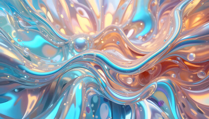 Iridescent fluid shapes, holographic reflections, dreamlike pastel colors