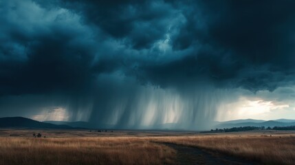 A High Resolution image of dramatic stormy sky with dark clouds and heavy rain pouring down over a landscape.