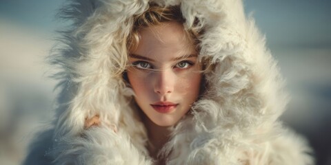 Fototapeta premium Winter Goddess Portrait in Fluffy White Dress and Fur Jacket