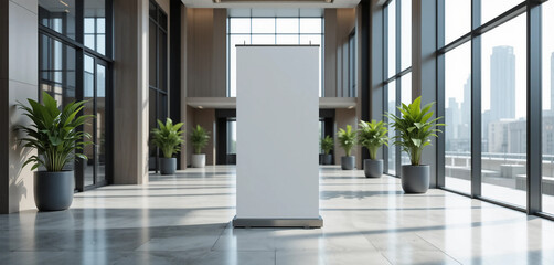 Blank rollup banner stand mockup in modern office with large windows, metal and glass accents, dark background for advertising. 