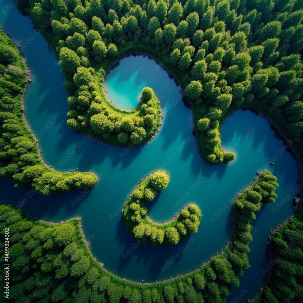Poster An aerial view of a serene waterway surrounded by lush green trees, creating a unique natural pattern and aesthetic landscape. The vibrant colors of the water and trees create a harmonious contrast. 