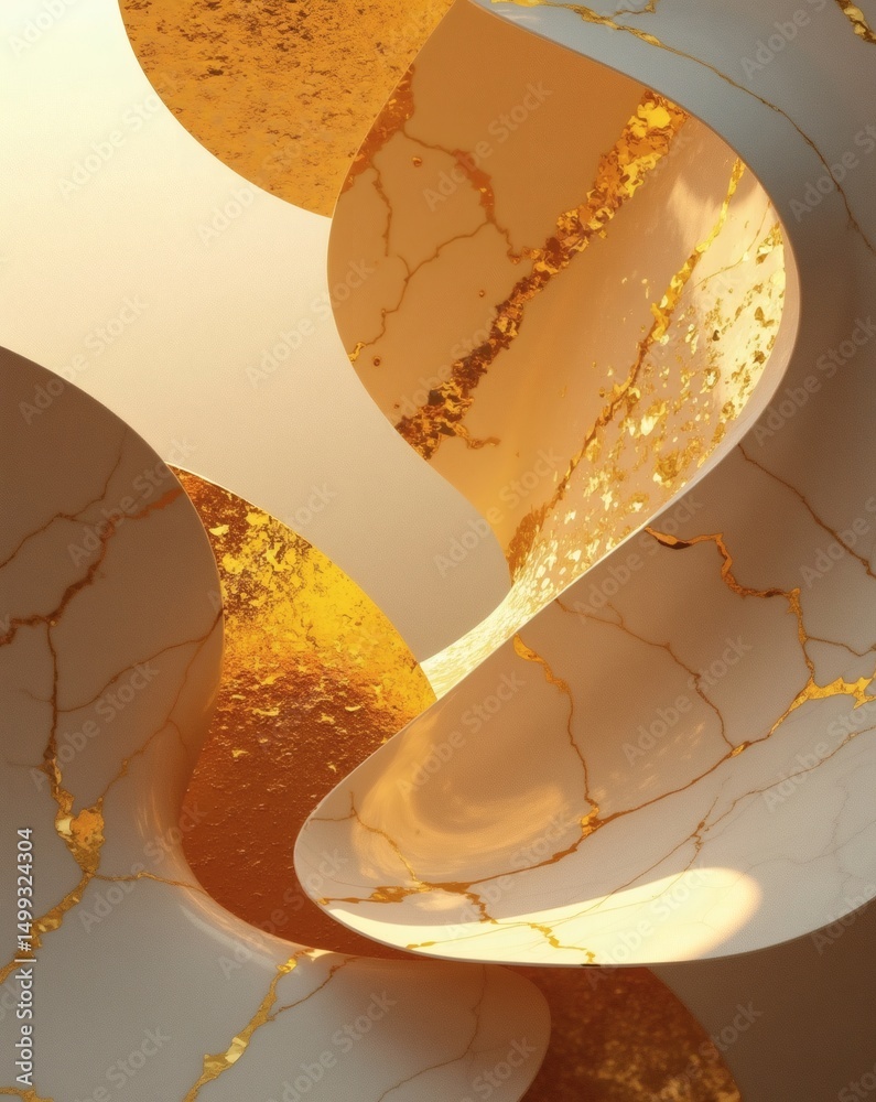 Poster an abstract artwork that showcases elegant curves and the stunning combination of marble with gold. The flowing lines of the design create a dynamic feel