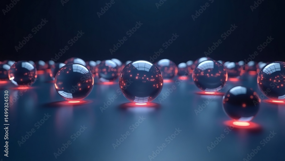 Poster an abstract 3d render featuring glass spheres with red lights below